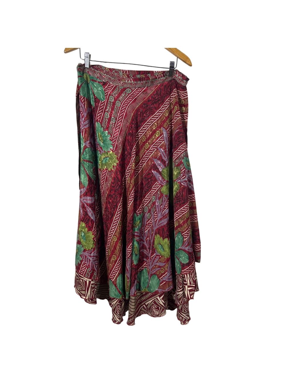 Rahabs Rope Wrap Skirt 100% Art Silk Reversible Red Floral Boho Hippie Earthy